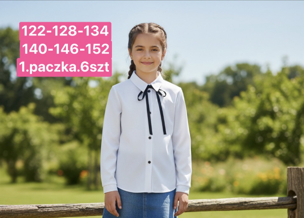 Koszule dziewczęce Roz 122-152, 1 kolor Paczka 6 szt